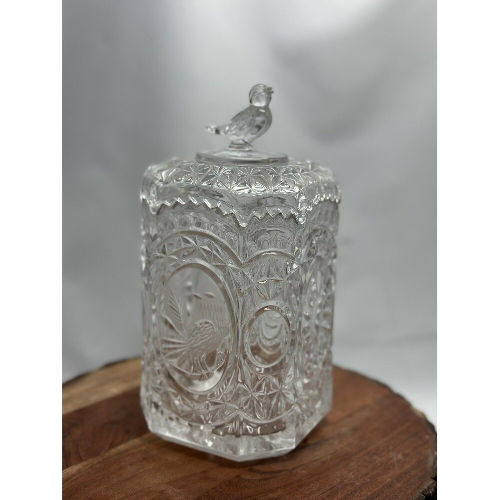 Hofbauer Byrdes Biscuit Barrel Jar & Lid Bird Finial Crystal Germany